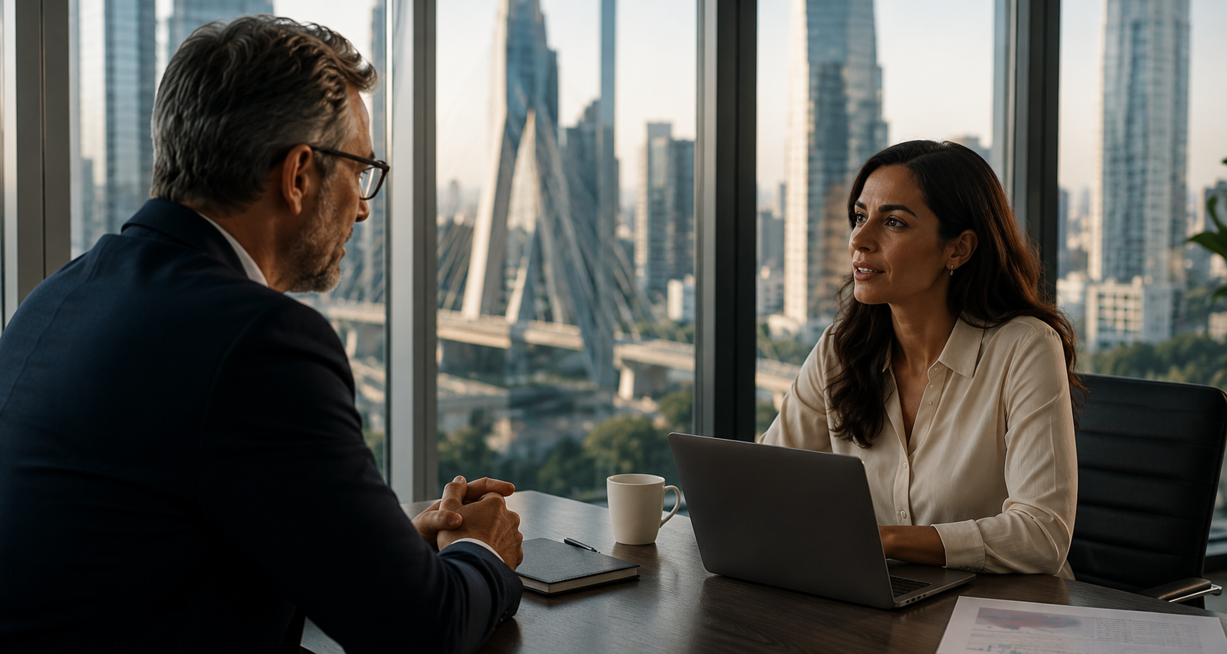 Reunião entre executivos com vista para o horizonte de São Paulo - atendimento internacional Einfach Soluções